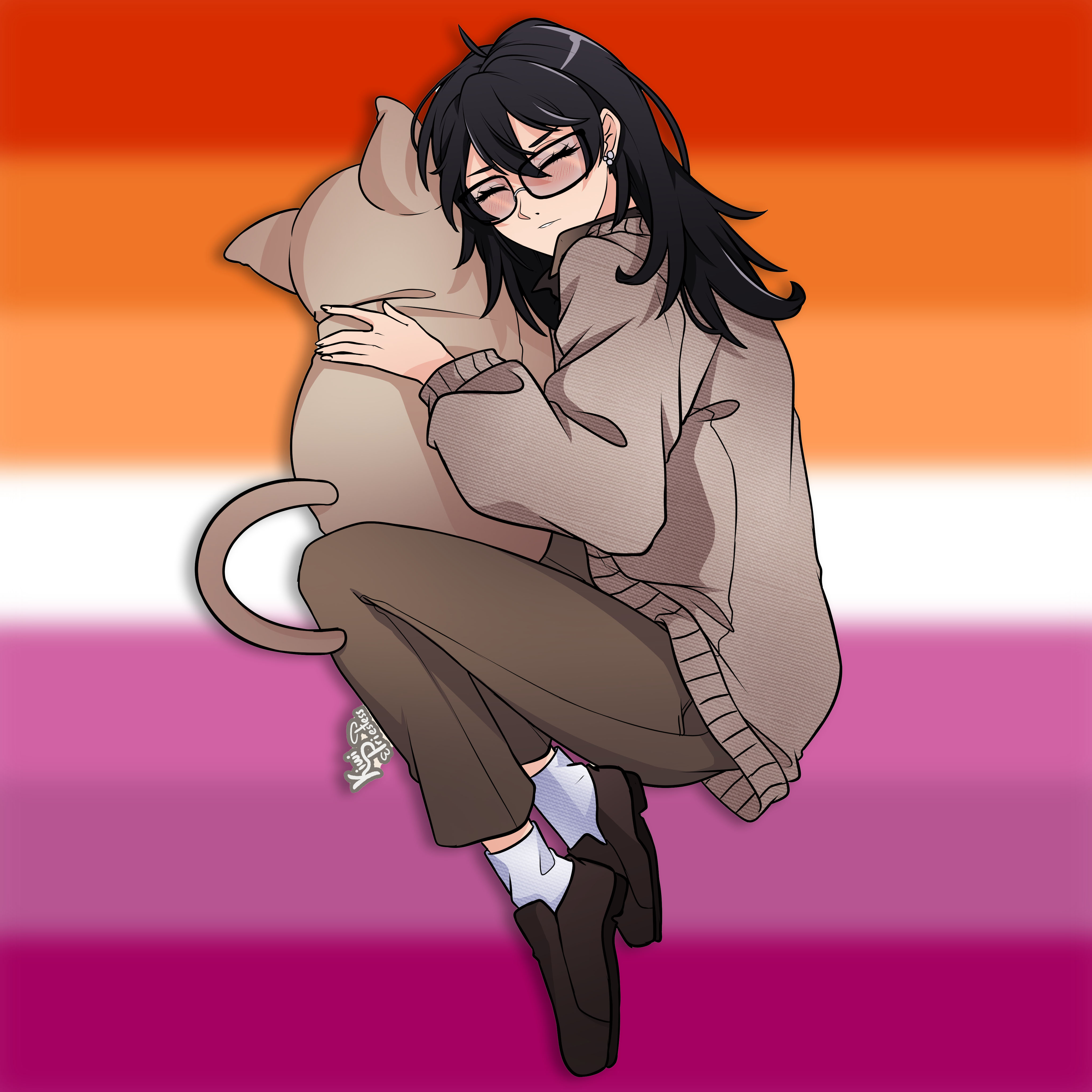 Luna's Profile Picture. A girl hugging a plushie, on a lesbian flag background.