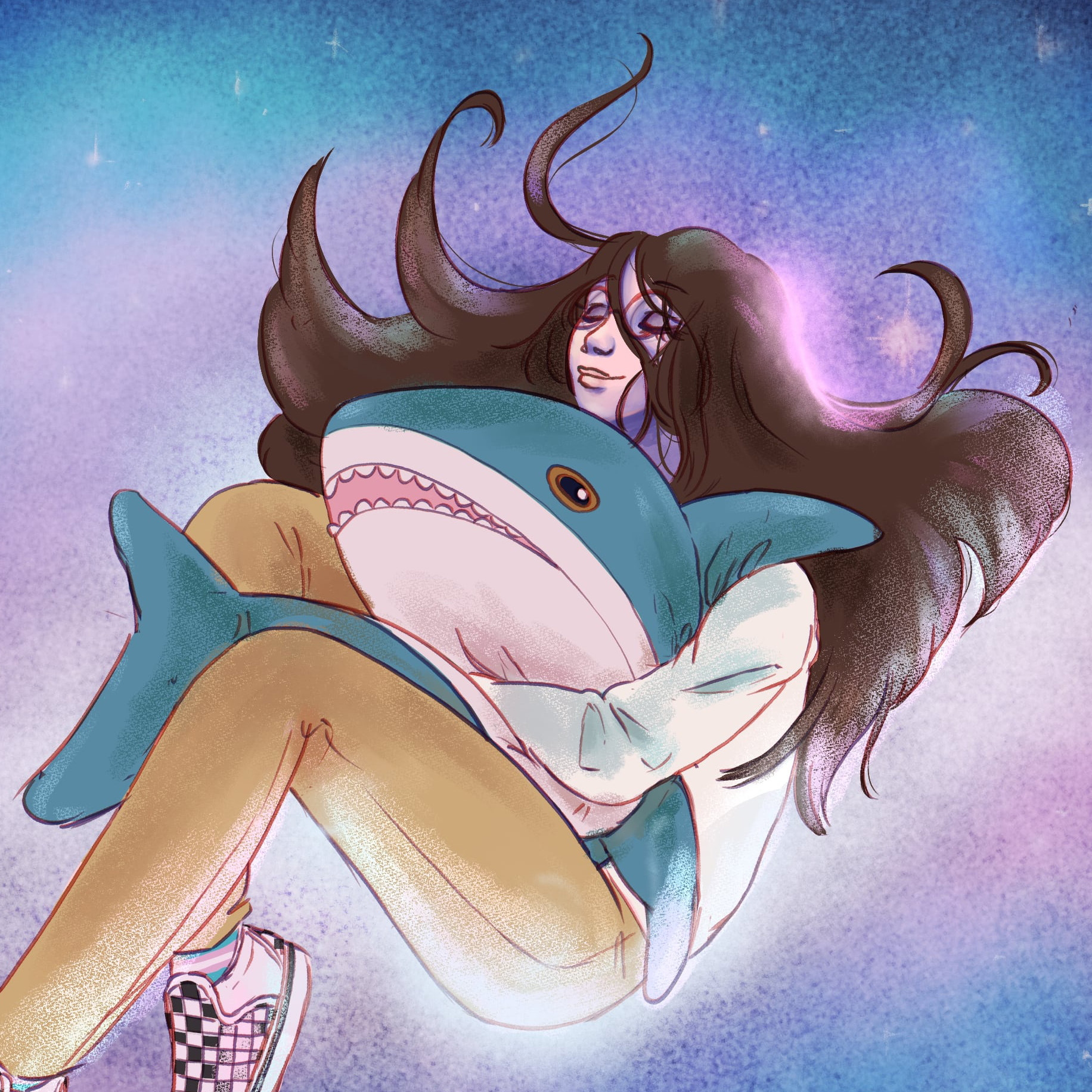 Luna's Profile Picture. A girl hugging a blahaj, on a trans-coloured starry sky background.